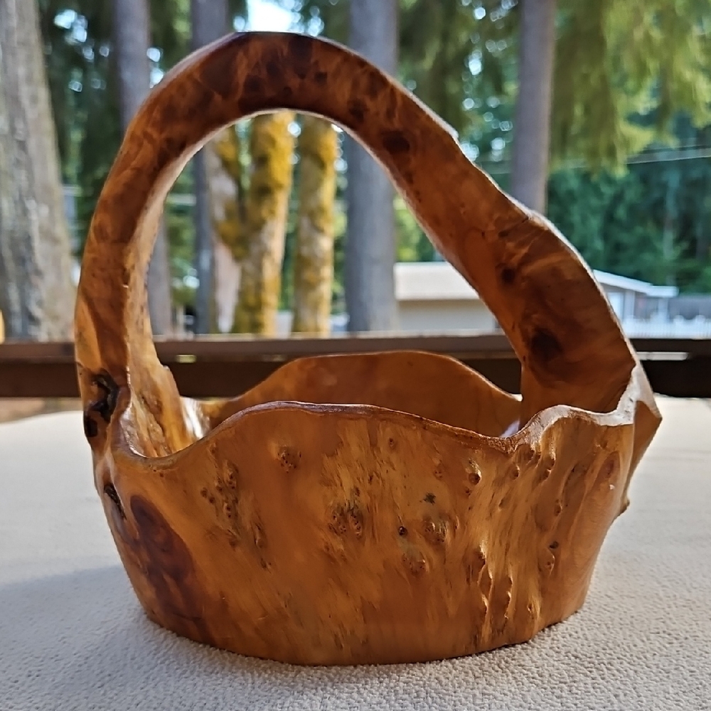 Hand Carved Live Edge Burl Wood Root Basket with Handle